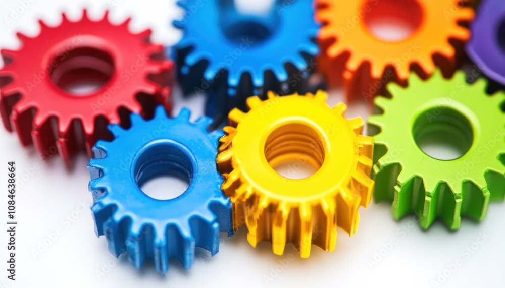 Poster colorful interlocking gears on a white background