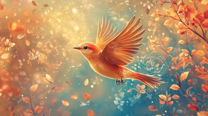 A vibrant orange bird soars through a dreamy autumnal scene with falling leaves and sparkling lights.