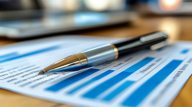 A sleek pen lies atop detailed financial reports with blue highlights on a wooden table, indicating active work in progress, possibly during a meeting