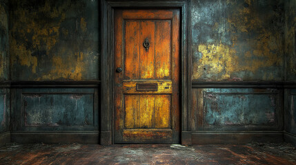 The door stands prominently in an old, textured room, surrounded by peeling paint and a faded ambiance, evoking a sense of mystery and nostalgia