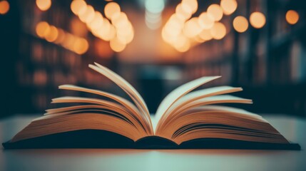 An open book on a table with a bookshelf and lights in the background.