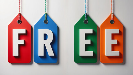 Colorful price tags spelling free on white background