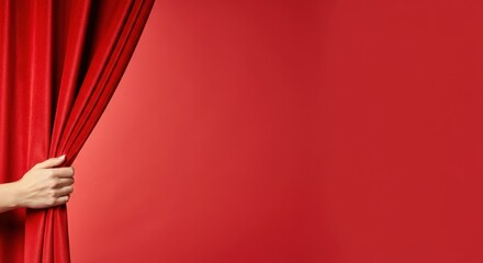 Hand pulls back red stage curtains, revealing blank background