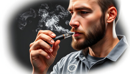 Obraz premium vaping man holding a mod. vape pen. vape smoke isolated with white highlights, png