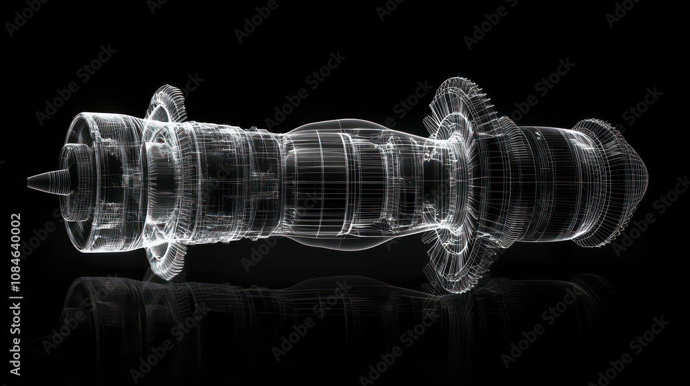 Fototapete a detailed wireframe rendering of a turbojet engine alongside its mirrored physical body, set agains
