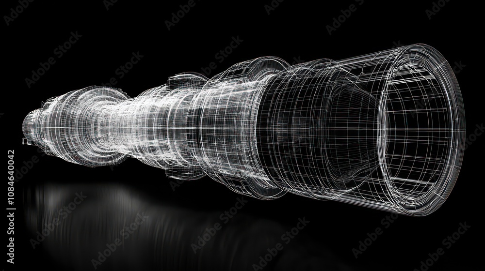Poster wireframe of a futuristic machine part with a detailed design on a black background.
