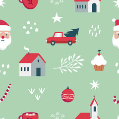 Seamless pattern of Christmas and New Year symbols. Houses, Santa Claus, car, stars, tree, candy, gift, ball, Christmas tree, snow, cocoa pattern. Winter background. Vector illustration.