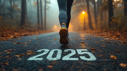 Runner approaches the year 2025 on a misty forest road during autumn