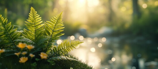 Lush green fern leaves in a forest setting with a blurred background of a flowing stream and sunlight shining through the trees.