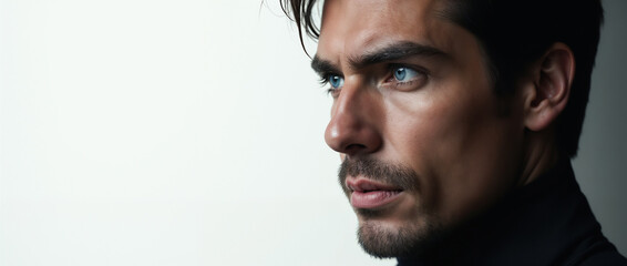Obraz premium Close-up portrait of a contemplative man with striking blue eyes and dark hair against a neutral background, conveying intensity and focus.