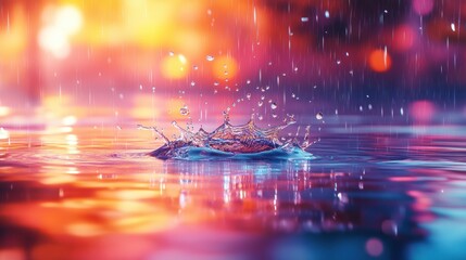 A single raindrop creates a splash of water against a blurred background of colorful lights.