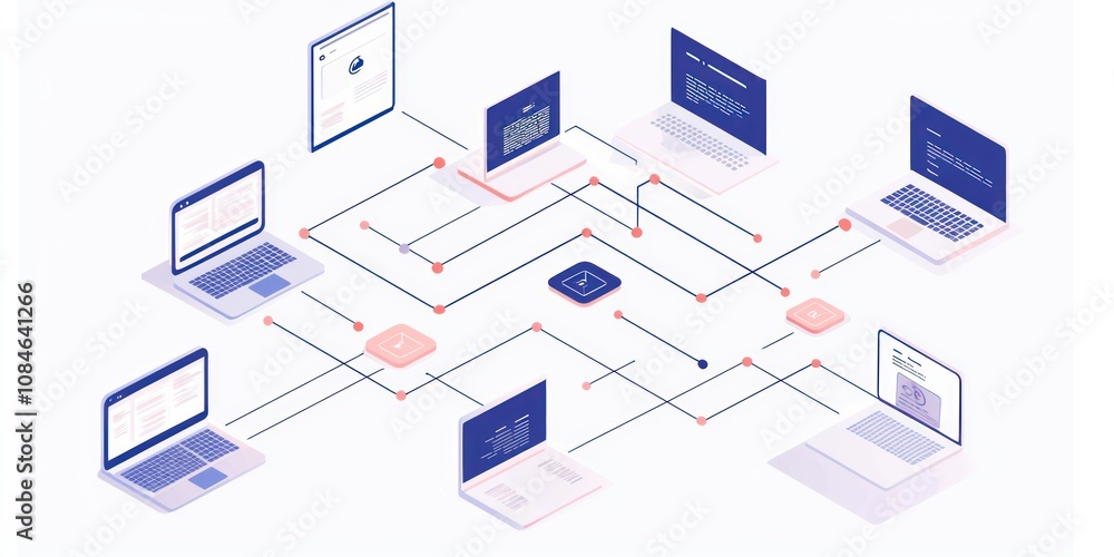 Poster network of interconnected laptops with red and blue connections