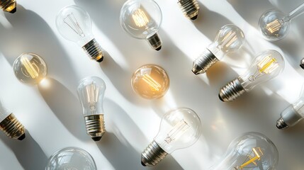 A creative arrangement of various types of light bulbs, including incandescent, LED, and CFL, on a clean, white surface, showcasing different styles