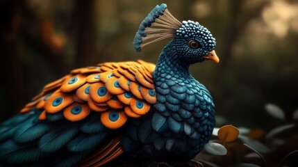 Obraz premium Vibrant peacock-like bird with intricate blue and orange feathers in a natural setting, showcasing vivid patterns and detailed plumage.