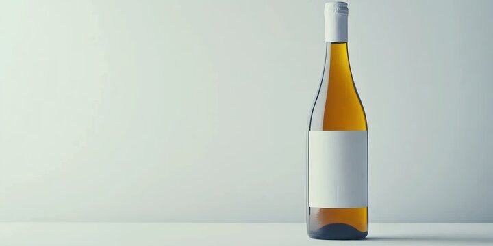 A single bottle of white wine with a blank label sits on a white surface.