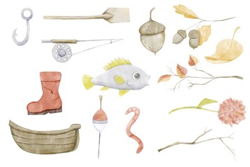 Watercolor Collection Autumn Fishing Illustrations: Fishing Hook, Wooden Boat, Paddle, Rubber Boot, Float, Flower, Branches and Autumn Leaves, Red Worm, Acorns, Fishing Rod for Print and Web
