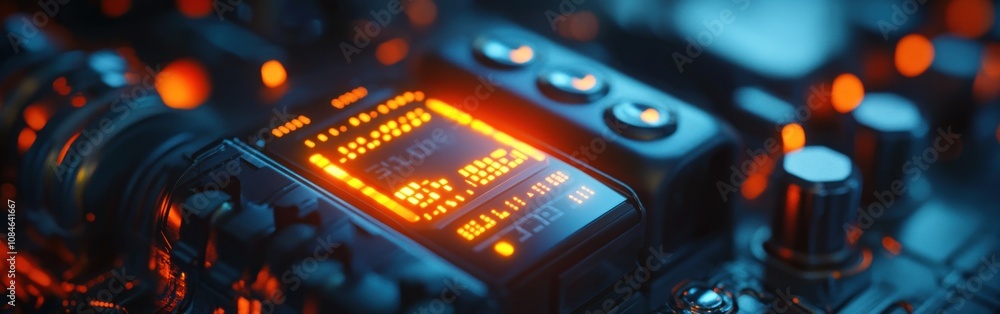 Wall mural close-up of a glowing digital display on a futuristic device with buttons and knobs.