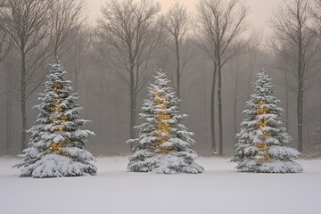 Fototapeta premium Three snow-covered trees in a serene winter forest.