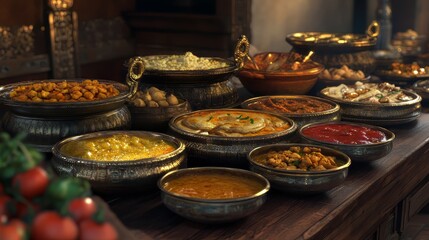 Fototapeta premium Indian food buffet displaying traditional dishes in metal containers. indian food. Ultra realistic. Photorealistic hypermaximalist advertising photography hyper realistic fine detail