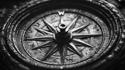 Close-up of a vintage compass face with a silver needle pointing towards north.