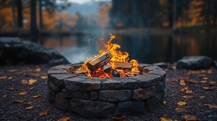 a fire pit with wood burning in it