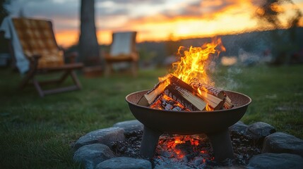 a fire pit with wood burning in it