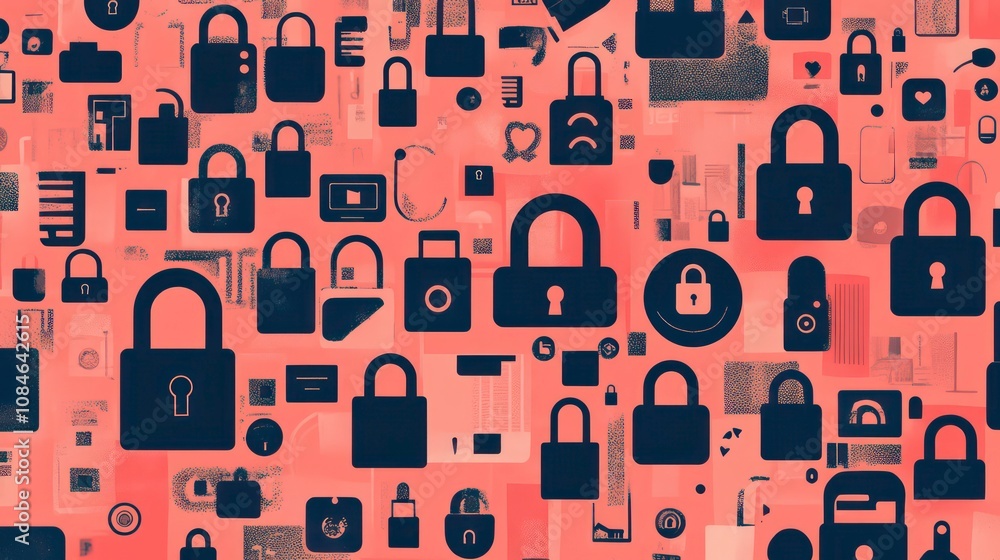 Poster a digital abstract background with many lock icons on a pink and white background, signifying securi