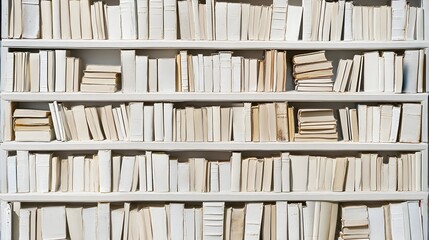 White Bookshelf Filled with Vintage Books in Various Sizes and Textures, Perfect Background for Cozy Reading Spaces, Home Libraries, and Minimalist Decor