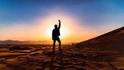 Fototapeta premium Desert, hill, sun, fist raising, man, victory, achievement, glory, landscape, sand, vast, backlit, silhouette, alone, standing