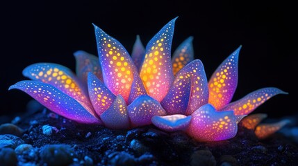 A close-up of a glowing succulent plant with pink and blue leaves and yellow dots against a dark background.