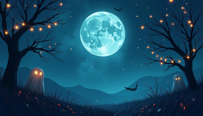 Fototapeta premium Spooky Halloween Night Landscape with Ghost