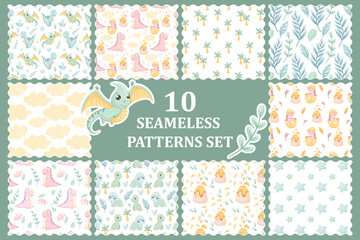 A cute set of children's seamless dinosaur patterns, ideal for fabrics, wallpapers and various surfaces. Vector seamless patterns with dinos and additional themed elements, on a white background. © Maria
