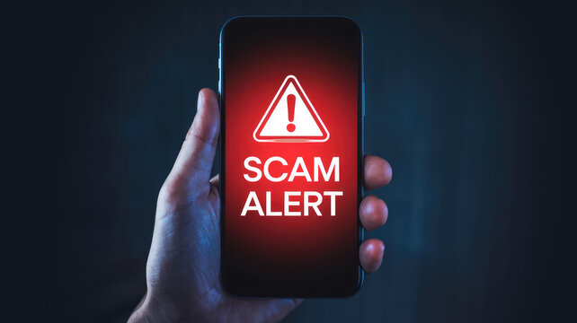 A phone with a red alert on it. The alert is for a scam. The person holding the phone is likely trying to warn others about the scam