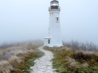 A foggy lighthouse stands on a pathway surrounded by grass and wildflowers.