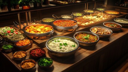 Obraz premium Indian food buffet on a wooden table. indian food. Ultra realistic. Photorealistic hypermaximalist advertising photography hyper realistic fine detail