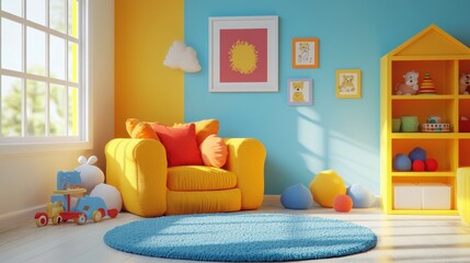 A bright and colorful playroom with a yellow armchair, a blue rug, and a yellow bookshelf filled with toys.