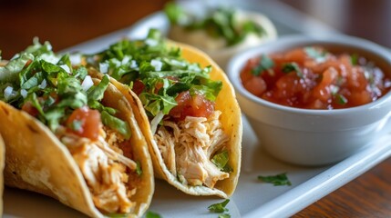 Mini chicken tacos filled with shredded chicken, lettuce, and cheese, served with a side of salsa