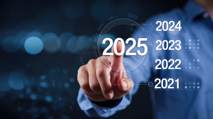 Fototapeta premium A person is pressing a button on a computer screen that displays the year 2025 and 2022. Concept of progress and advancement, as the person is actively engaging with the technology