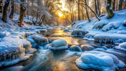    A frozen stream covered in icy formations reflecting the light of a winter day.  