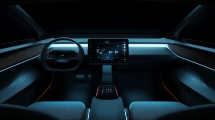 Modern car interior with digital dashboard and blue ambient lighting.