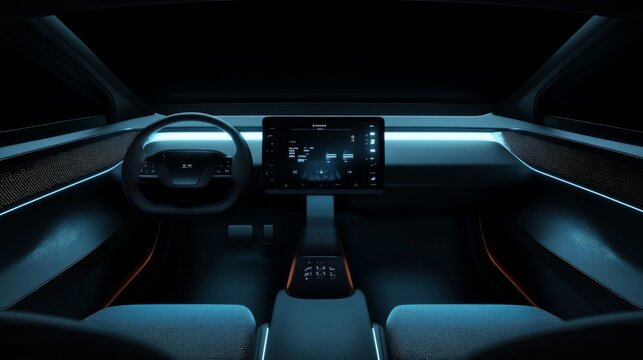 Modern car interior with digital dashboard and blue ambient lighting. - Powered by Adobe