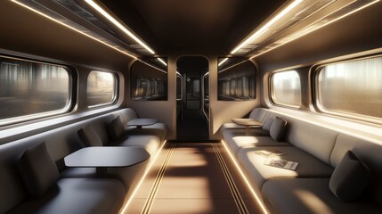 Modern train interior with plush seating, large windows and warm lighting.