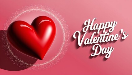 Elegant heart and happy valentines day text with sparkling particles on pink gradient background