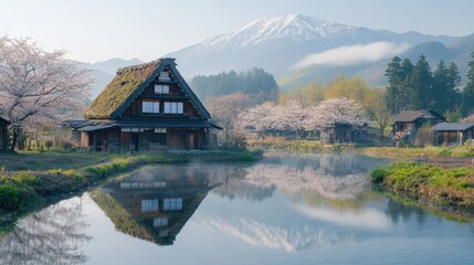 Fototapeta premium traditional Japanese old house at countryside of Japan with blooming pink Sakura or Cherry blossom and Fuji mountain at background.