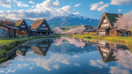 Obraz premium traditional Japanese old house at countryside of Japan with blooming pink Sakura or Cherry blossom and Fuji mountain at background.