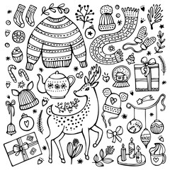 A set of hand-drawn black doodles of Christmas and winter elements: a deer, a knitted sweater, a scarf, socks, mittens, and other winter objects.