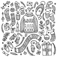 A set of hand-drawn black doodles of Christmas and winter elements: a knitted sweater, a scarf, socks, mittens, and other winter objects.