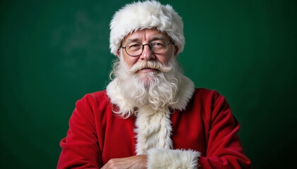 Naklejka premium Santa Claus With Crossed Arms On Green Background