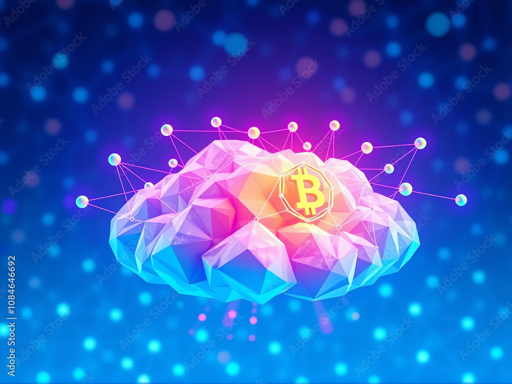 Poster colorful digital cloud representing cryptocurrency and blockchain technology with bitcoin symbol glo