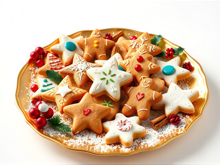 Obraz premium Deliciously decorated holiday cookies arranged on a festive plate with seasonal decorations and colorful icing designs